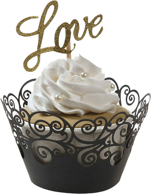 KPOSIYA Cupcake Wrappers, 100 Pack Filigree Artistic Bake Cake Paper Cup, Black, for Wedding Party Birthday