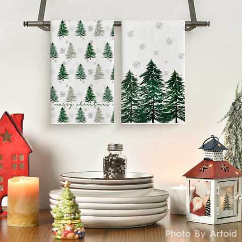 18x26 Inch Set 2 Artoid Mode Green Xmas Tree Merry Christmas Kitchen Towels Dish Towels, Farmhouse Snowflakes Winter