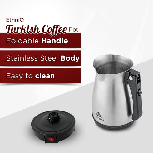 ETHNIQ Turkish Coffee Pot - Stainless Steel, 120V, 1 to 4 Cup Capacity, Fast Brewing Coffee Maker for Home