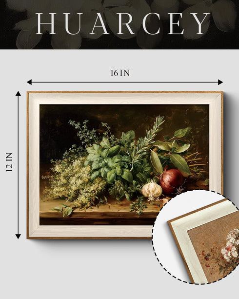 12x16 inch, HUARCEY Vintage Herb Kitchen Wall Art Framed Canvas Print Fresh Basil Rosemary Bay Leaves Garlic Onion