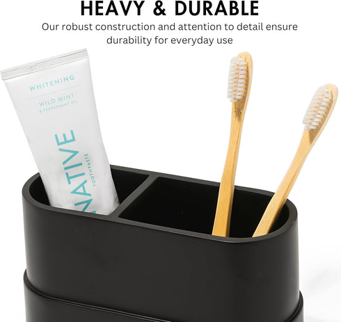 Countertop, 2 Matte Black Large Toothbrush and Toothpaste Holder and Cup for Bathroom Vanity and Compartment Organizer