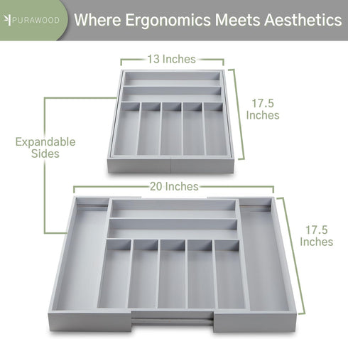 Purawood Large Bamboo Silverware Organizer - Expandable Kitchen Drawer & Utensil Tray with Drawer Dividers (Grey)