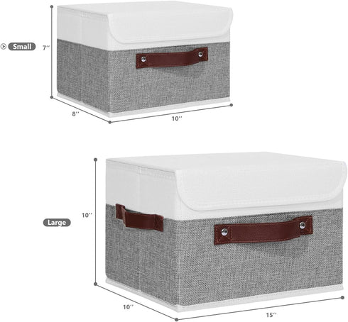 ANMINY Storage Boxes with Lids, Washable Decorative Bins with PU Leather Handle, Gray White, Small