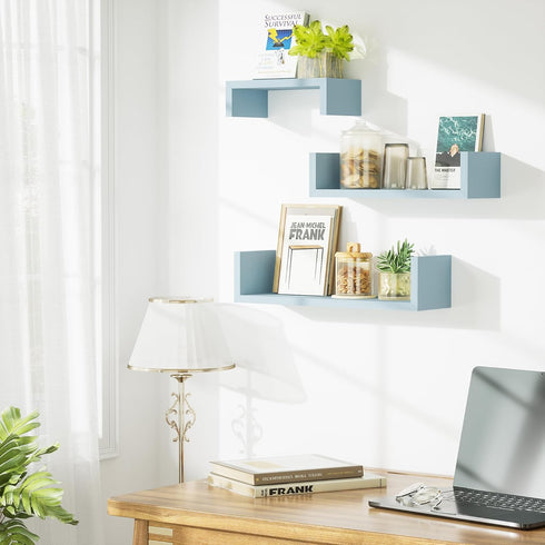 Set 3 SRIWATANA Floating U Shelves Wall Mounted, Solid Wood Wall Shelves of (Blue)