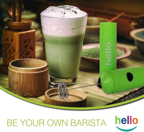 HELLO Milk Frother: Handheld Electric Foam Maker for Coffee, Lattes, and Hot Chocolate (GREEN)