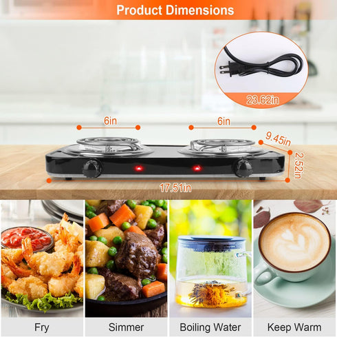 Electric Double Burner 2000W Portable Coil Hot Plate Stove - Countertop RV Hotplate with Non-Slip Rubber Feet