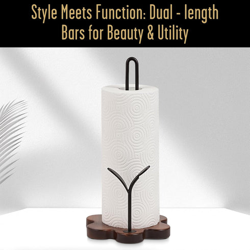 Countertop, Wooden Paper Towel Holder Floral Base with Dual Iron Rods in Antique Brown Finish, Leaf-Shaped Accent