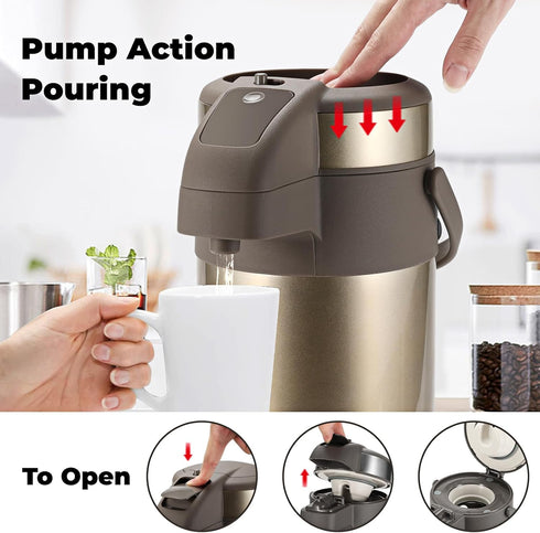 OJOJ 3L/101OZ Thermal Coffee Carafe with Pump, Stainless Steel Beverage Dispenser for Hot Drinks, Gold