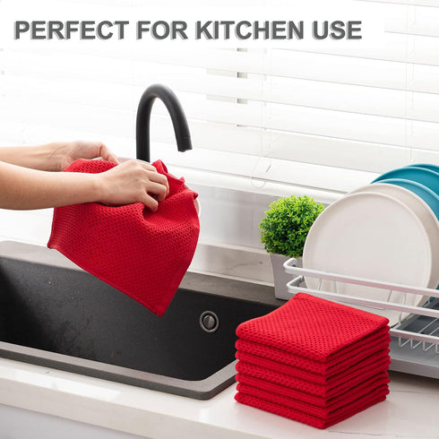 joybest Cotton Kitchen Dish Cloths, 8-Pack Waffle Weave Ultra Soft Absorbent Dish Towels, 12x12 Inches, Red