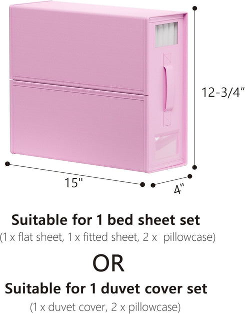 SheetCube 6 Pack Bed Sheet Organizers and Storage - Foldable Linen Closet Organizer with Window and Label, Pink