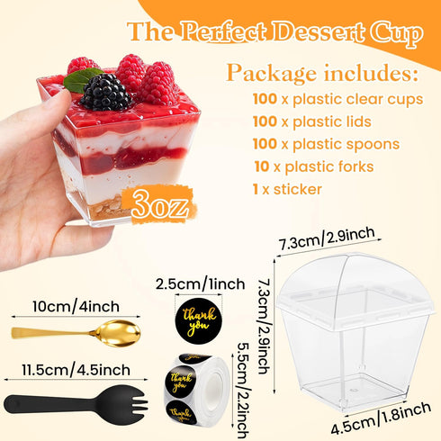 SEIION 310 3oz Pcs Mini Dessert Cups with Lids, Spoons & Bonus Forks Clear Plastic Appetizer & Dessert Cups for Party