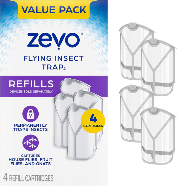 Zevo Flying Insect Trap Refill Cartridges, 4 Pack, Fruit Fly Trap, Fly Trap