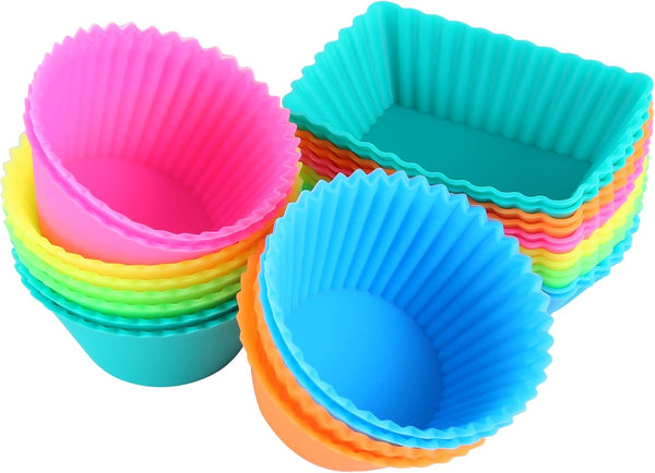 IPOW 24 Pack Reusable Silicone Cupcake Baking Cups, Food-Grade BPA Free Non-Stick Muffin Liners, 2 Shapes Round