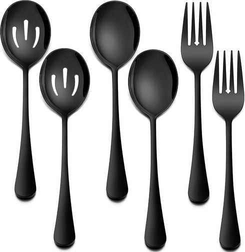 Homikit Stainless Steel Serving Utensils, 2 Black Serving Spoons, 2 Slotted Spoons, 2 Forks, Dishwasher Safe