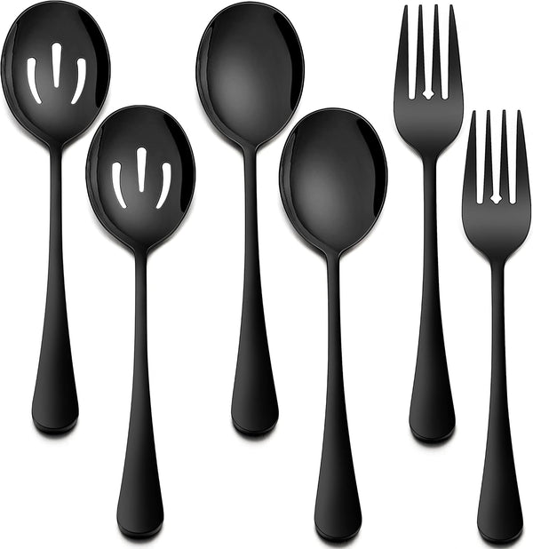 Homikit Stainless Steel Serving Utensils, 2 Black Serving Spoons, 2 Slotted Spoons, 2 Forks, Dishwasher Safe