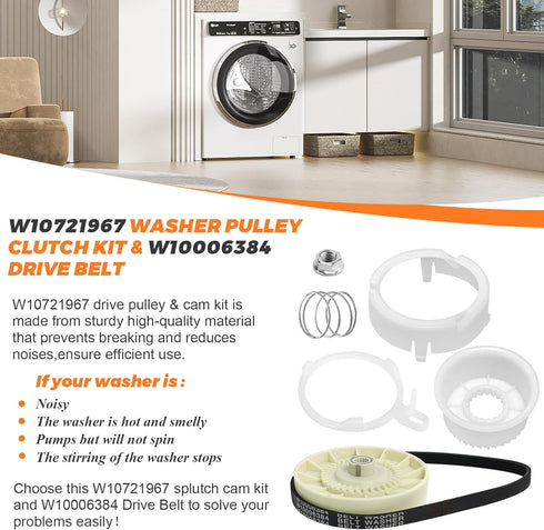 W10721967 Washer Pulley Clutch Kit W10006384 Washer Drive Belt by Blutoget - Fit for Whirlpool Kenmore Maytag Washing Machines - Replaces W10721967 W10006356 PS10057144 W10006354 W10006352 W10006353