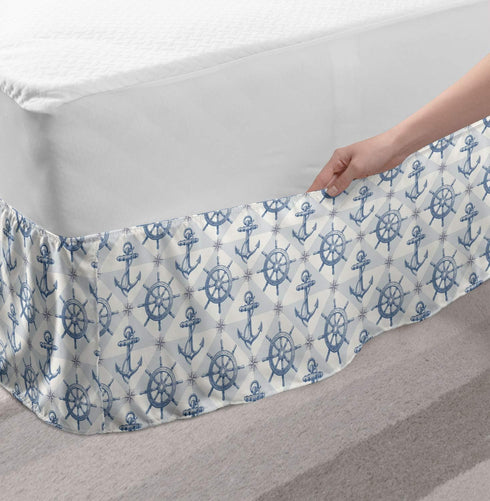 Lunarable Nautical Elastic Bed Skirt, Hand Drawn Compass Anchor Design, King Size, Grey Blue