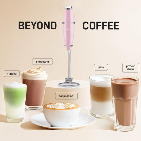 Zulay Kitchen Powerful Double Whisk Milk Frother - Handheld Foam Maker with Stand for Coffee, Pink