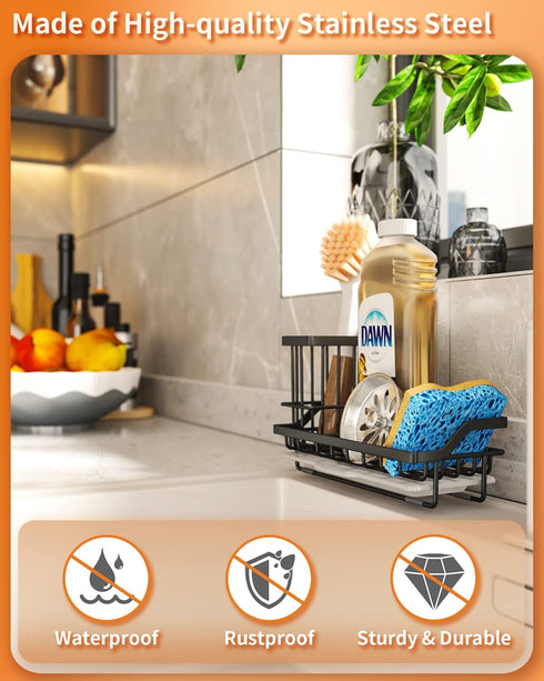 SWTYMIKI Sink Caddy Sponge Holder for Kitchen, Stainless Steel Organizer with High Brush Holder for Countertop