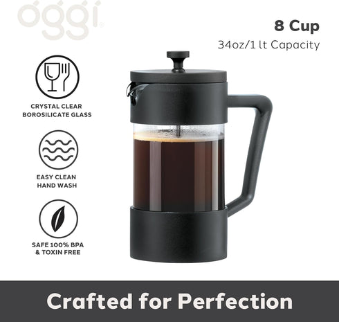 Oggi Borosilicate Glass French Press Coffee Maker (34oz)- 8 Cup Capacity, Coffee Press, Single Serve Coffee Maker, Stainless Steel Lid & Plunger, Make Great Coffee Gifts