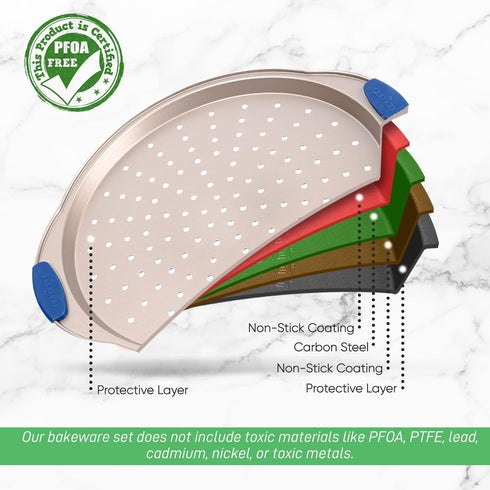 NutriChef 13-Inch Non-Stick Pizza Tray with Silicone Handle, Round Steel Pan with Perforated Holes, Champagne Gold