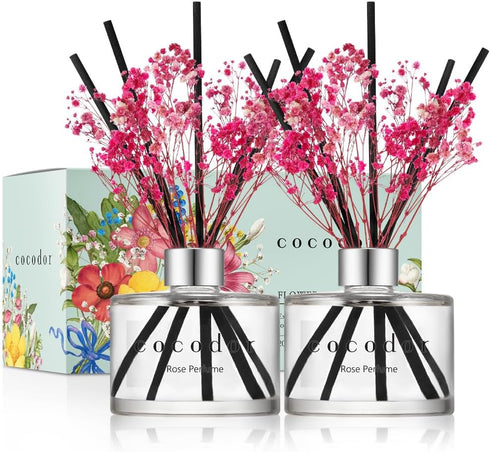 COCODOR 2 Pack Preserved Real Flower Reed Diffuser Set, 6.7oz (200ml) Rose Perfume, Oil Diffuser & Sticks