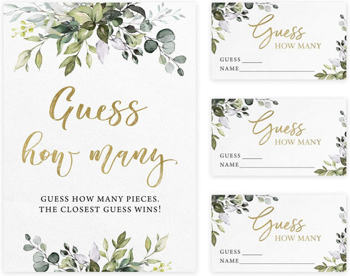 Printed Party Candy Guessing Game - Guess How Many, Greenery, 50 Cards and Sign