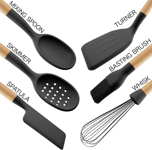 Country Kitchen 6 pc Non Stick Silicone Utensil Baking Set with Rounded Wooden Handles for Cooking and Baking - Black by Country Kitchen