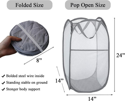 Larpur 2 Pcs Popup Mesh Laundry Baskets, Collapsible Portable Clothes Hampers with Reinforced Carry Handles, Gray
