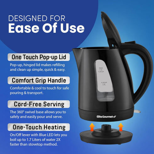 Elite Gourmet EKT8690 1.7L Electric Tea Kettle 1500W Hot Water Heater Boiler BPA-Free, Fast Boil, Water Level Window and Auto Shut-Off, Black by Elite Gourmet
