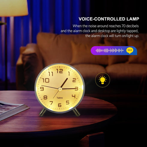 Alarm Clock for Bedroom,Loud Analog Clocks with Silent Non-Ticking,Voice Controlled Light,Small Clock