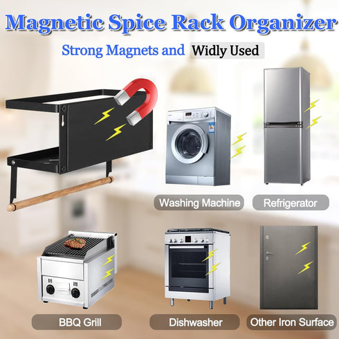Magnetic Spice Rack for Refrigerator, Magnetic Paper Towel Holder, 2 Hooks, Kitchen Storage Organizer for Spices and