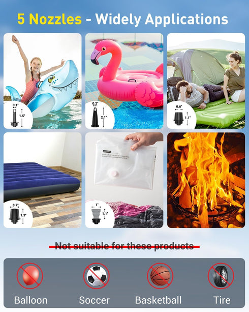 Portable Air Pump for Inflatables, Electric Mattress Pump with 3000mAh Battery for Camping and Pool Floats