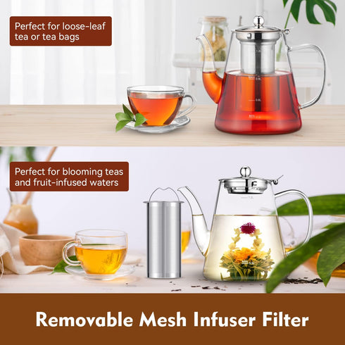 Zpose Glass Teapot 1200ml (40oz) with Removable Infuser for Loose and Blooming Tea - Stovetop Safe Tea Kettle