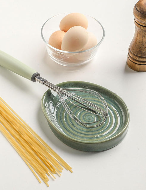 Ceramic Spoon Rest for Stove Top, Kitchen Counter Holder for Spoons, Ladles, Spatula, Glazed Green.
