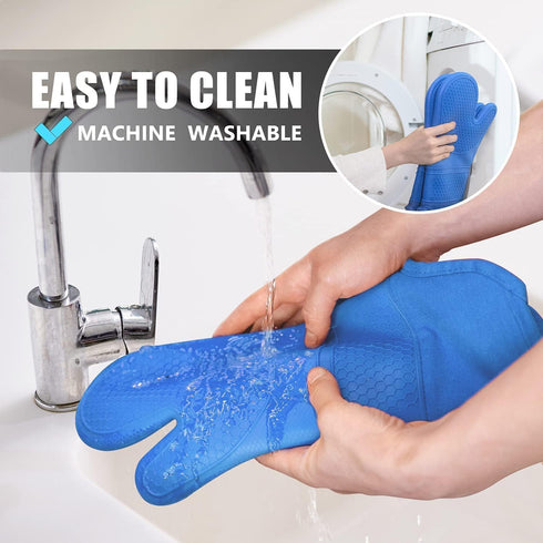 Rorecay Extra Long Oven Mitts and Pot Holders Set, Heat Resistant Silicone Oven Mittens for Kitchen Baking (Lake Blue)
