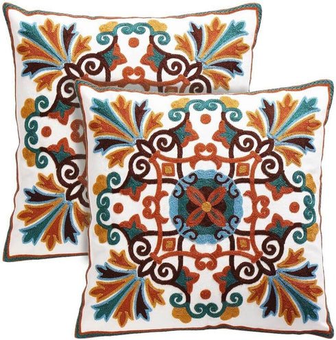 Decorative Couch Pillow Covers Set of 2, 18x18 inches, Embroidered Pattern Square Throw Pillows for Sofa Bed Chair