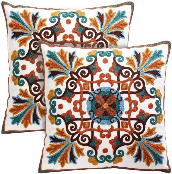 Decorative Couch Pillow Covers Set of 2, 18x18 inches, Embroidered Pattern Square Throw Pillows for Sofa Bed Chair