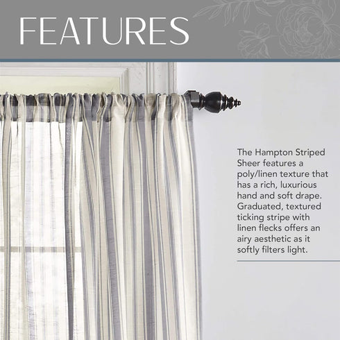 Elrene Home Fashions Hampton Stripe Sheer Window Curtain, 52" x 84" (1 Panel), Grey Color