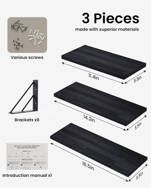 OrganizerBlackSet 3 BAYKA Wall Mounted Floating Shelves, Wood Floating Wall Shelf for Books & Decor, Small Space-Saving