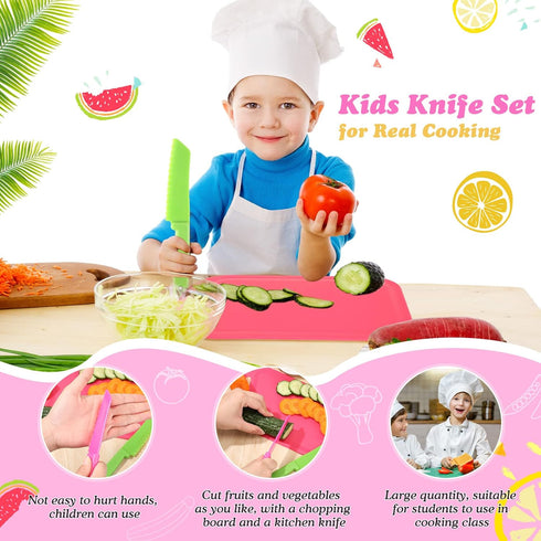 Yinkin 20 Pcs Kids Plastic Knife Set with Cutting Board, Toddler Knife Tools for Cooking Club, Preschool