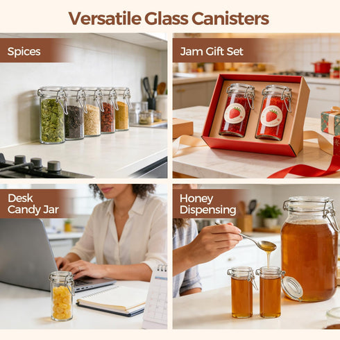 12 Pack 4 oz Set ComSaf Glass Spice Jars with Airtight Swing Top Lids, Small Clear Containers for Pantry Organization