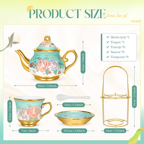 20 Set Set 6 Pcs Porcelain Tea for Adults with Metal Holder and Spoon European Ceramic Tea Party Flower Painting Teapot