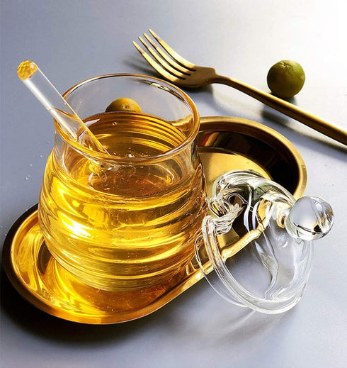 Lawei Glass Honey Jar with Dipper and Lid, 10 OZ Heat-Resistant Honey Pot, Clear Glass Container for Honey and Syrup