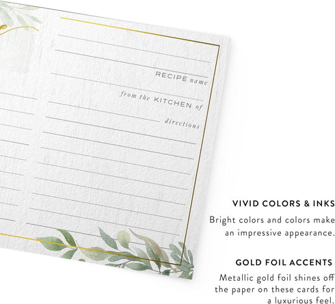 Dashleigh Farmhouse Greenery Recipe Cards, 48 Double Sided 4x6 Cards with Gold Foil, Sage Green Rustic Kitchen Gift