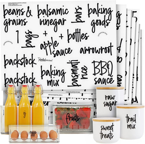 Talented Kitchen 158 Pieces Food Storage Labels for Glass Containers, Preprinted Black Script on Clear Stickers (Water