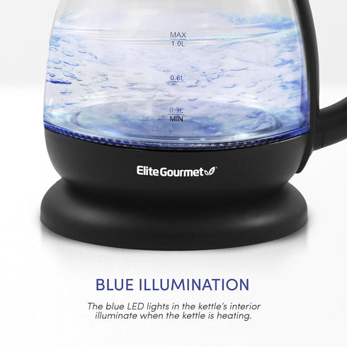 Elite Gourmet EKT1001 Electric 1.0L BPA-Free Glass Kettle, 1100W with Stylish Blue LED, Auto Shut-Off, Black