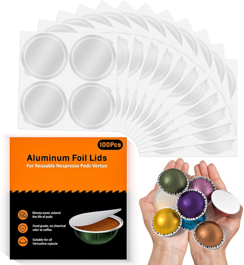 Aluminum Foil Lids for Nespresso Vertuo Reusable Pods, 100 PCS Foil Seal Cover for Refill Espresso Coffee Capsule,