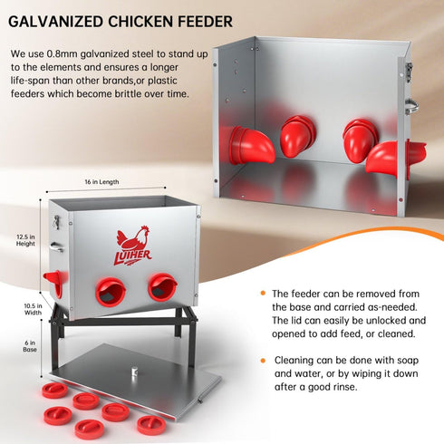 LUIHER 40lb 6 Chicken Food Dispenser Ports Large Capacity Galvanized Metal Poultry Feeder with Legs and Lids - Reduces