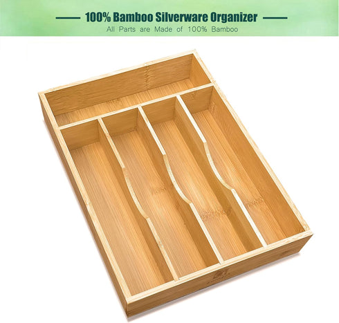 Bamboo Kitchen Drawer Silverware Organizer, 9 Inch Tray Holder for Small Drawer, 5-Slots Cutlery Tray
